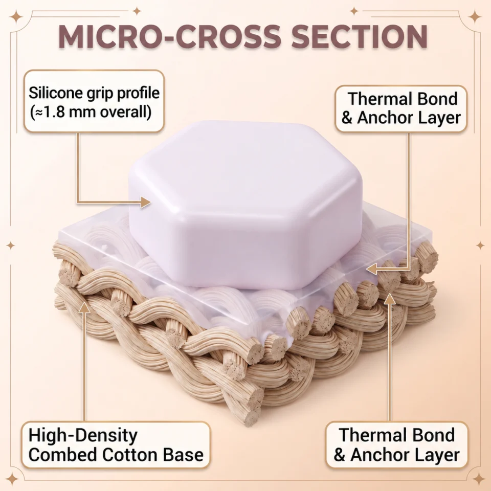 Sectional construction illustration of silicone grip elements meeting a cotton-rich knit sock base.