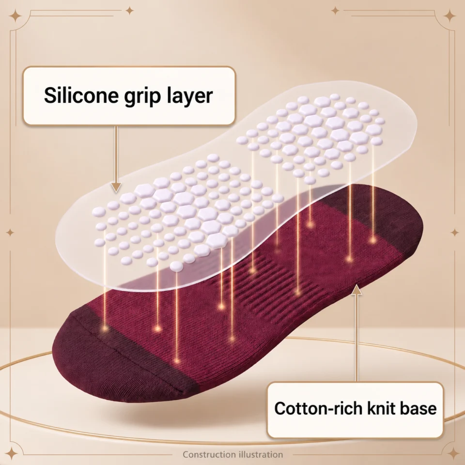 Exploded construction illustration separating the silicone contact elements from the knit sock base.