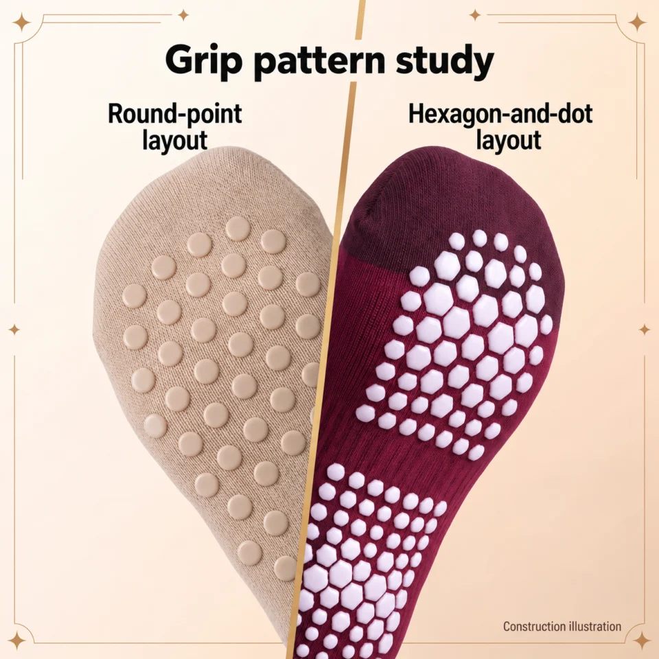 Construction study of hexagonal silicone elements and round points in the sole pattern.