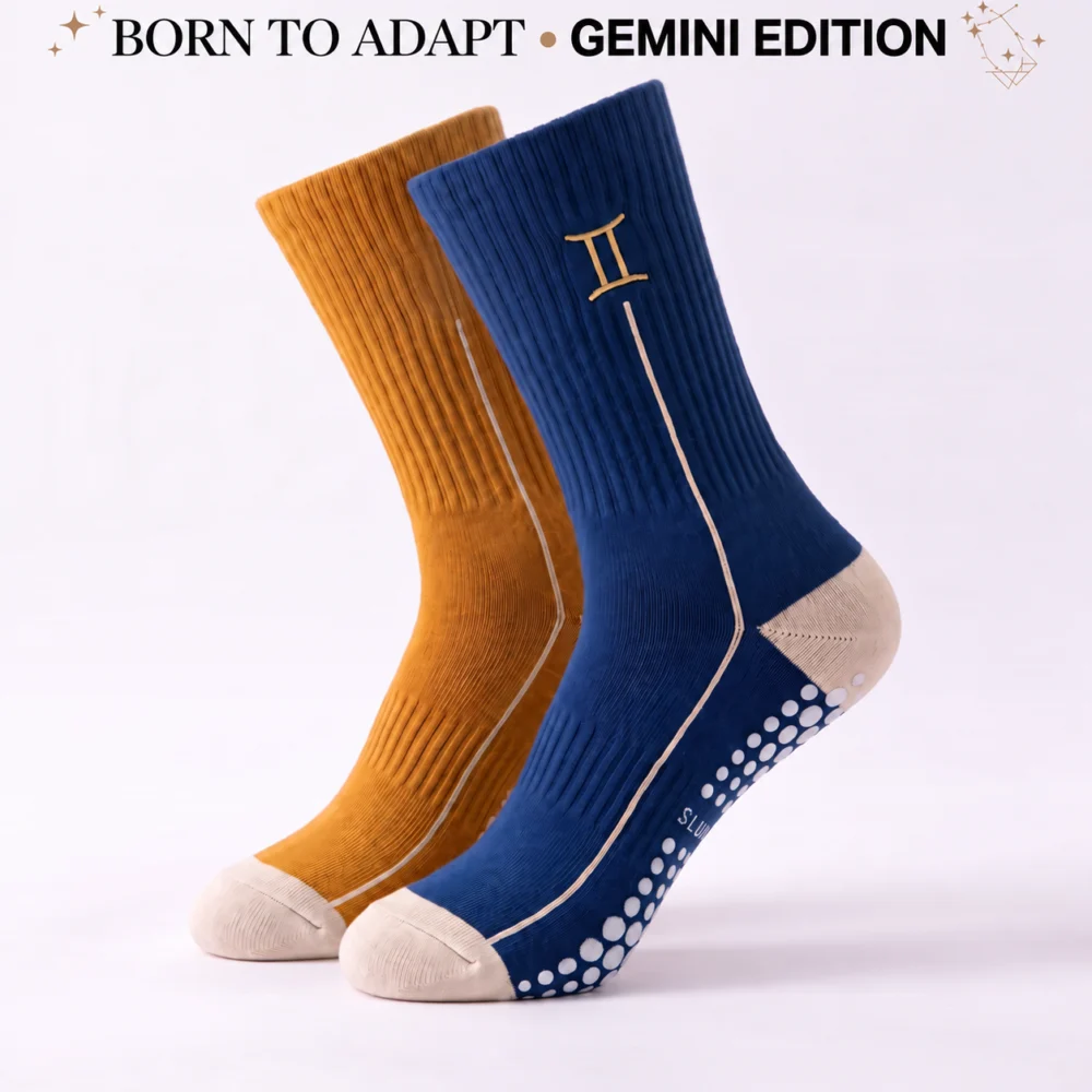 Gemini zodiac grip socks — design visualization